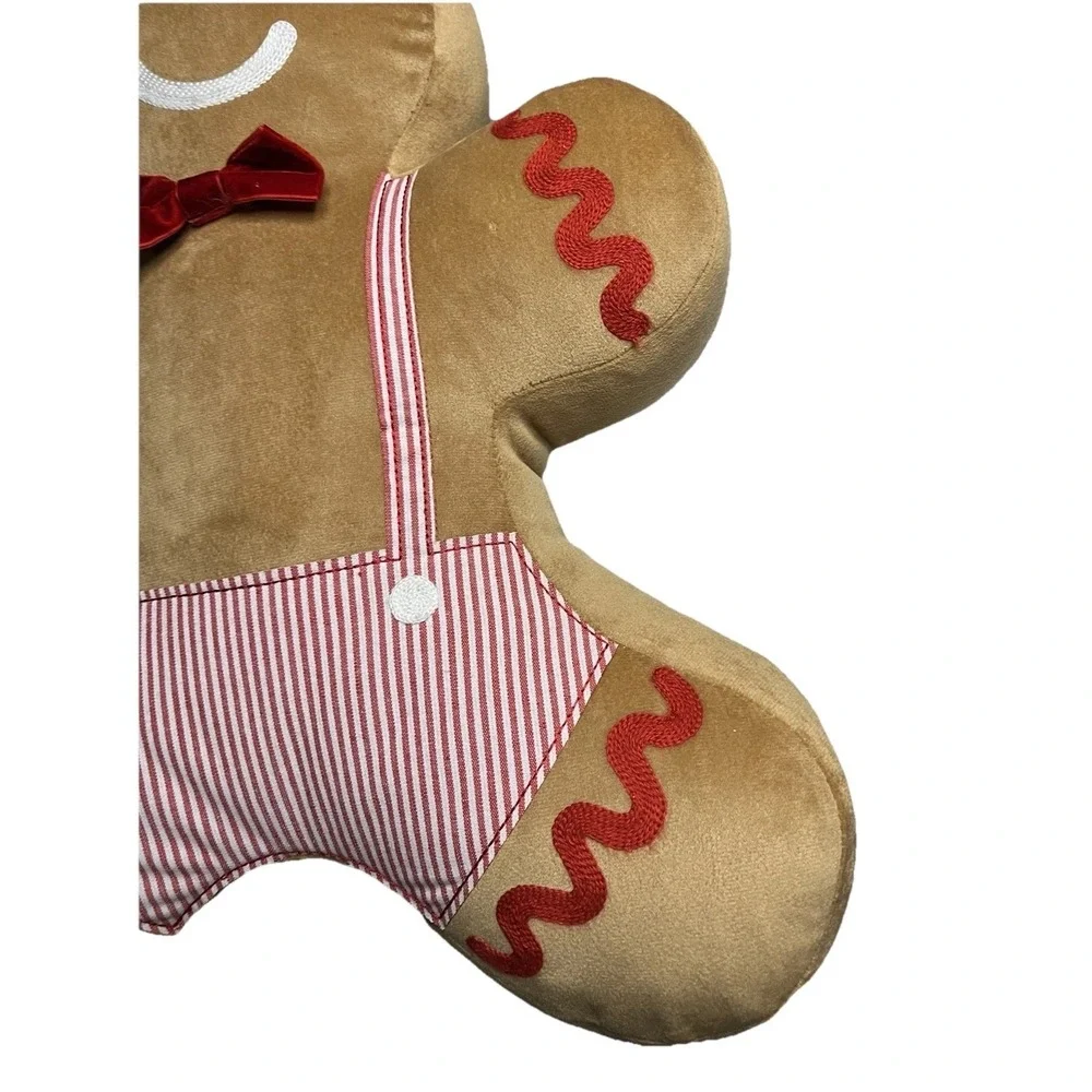 Gingerbread Man Throw Pillow 18x14 Plush Christmas Decor Red Striped Overalls